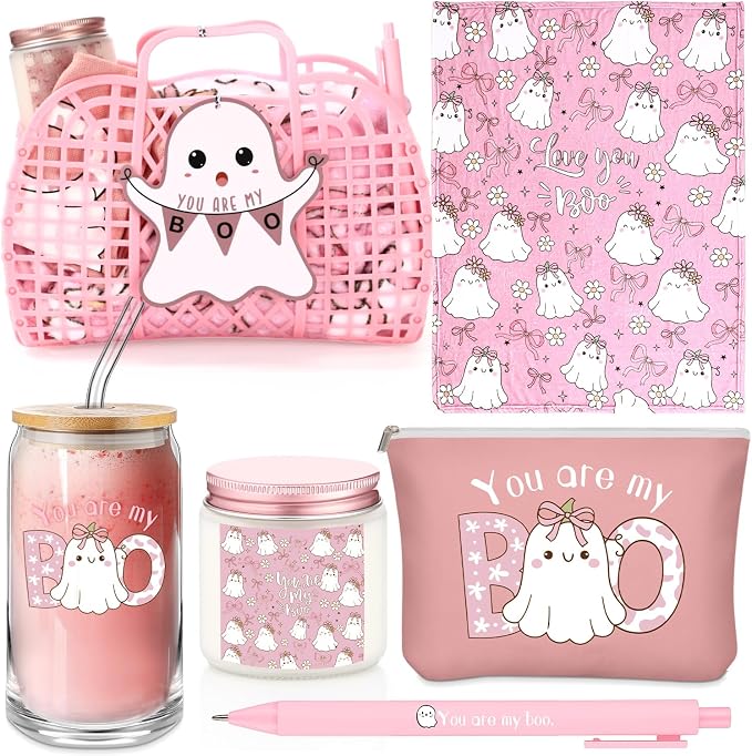 Roshtia 7 Pcs You're My Boo Jelly Basket Stuffers for Women Ghost Boo Throw Blanket Glass Mug Candle Jar Makeup Bag Plastic Handbag with Pen Card Girlfriend Gift