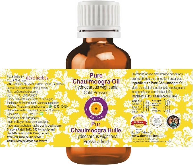 dève herbes Chaulmoogra Oil (Hydnocarpus wightiana) | Cold Pressed | Pure | Natural | Undiluted | For Diluting Essential oils | For Skin & Massage | Non-Sticky | Lightweight | Unisex | 15ml (0.50 oz)