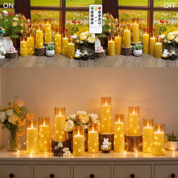 kakoya Flameless LED Candles with Timer 24 Pc Flickering Flameless Candles for Romantic Ambiance and Home Decoration Stable Acrylic Shell,with Embedded Star String，Battery Operated Candles(Gold)