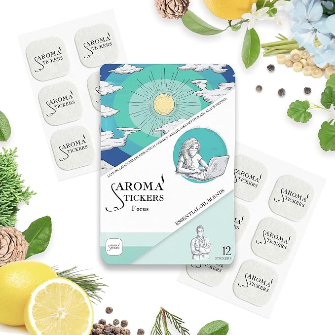 AROMA STICKERS® Original Blend Focus - 100% Natural Essential Oil Scented Stickers for Personal Space - Towels, Blankets, Face Mask & Pillow (Pack of 1, 12 Stickers)
