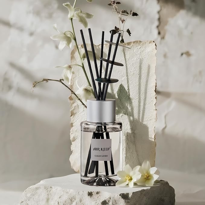 Airkeep Reed Diffuser/Grey Reed Diffuser Set/6.7 oz(200ml)/Clean Linen Oil Diffuser & Reed Diffuser Sticks/Home Decor & Office Decor, Fragrance and Gifts