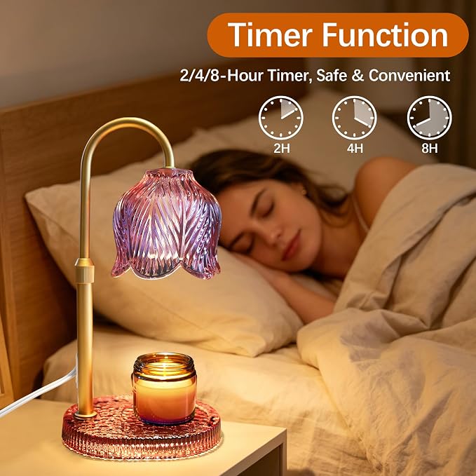 Candle Warmer Lamp with Timer Dimmable, Adjustable Candle Warmer Lamp for Jar Candles 3-Wick, Flameless Smokeless Candle Heater with 2 Bulbs, Home Decor Birthday Mothers Day for Women Mom (PINK)