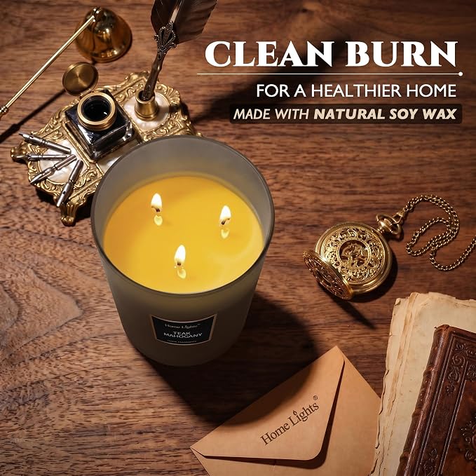 HomeLights Premium Scented Candles - 33.3 oz Natural Soy Wax, Aromatherapy for Home, Long Lasting Smokeless, 130 hrs Burn Time, 3 Cotton Wicks, Gifts for Women & Men - Teak Mahogany