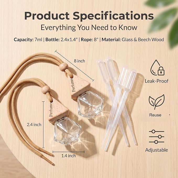2-Pack Rhombus Refillable Hanging Car Diffuser Empty Glass Bottle | Wood cap hanging aroma pendant with dropper, holds essential oils for car home closet office