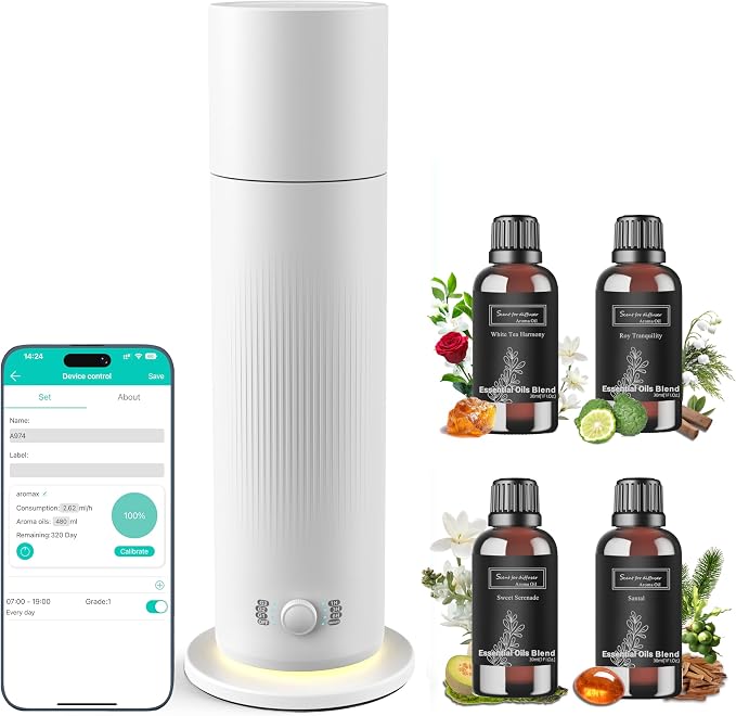 Waterless Essential Oil Diffuser, Scent Air Machine for Home with 4x30ml Hotel Scent Oil Sets, Covers Up to 1000 Sq.Ft, Adjustable Mist & Timer, Hotel and Commercial Use