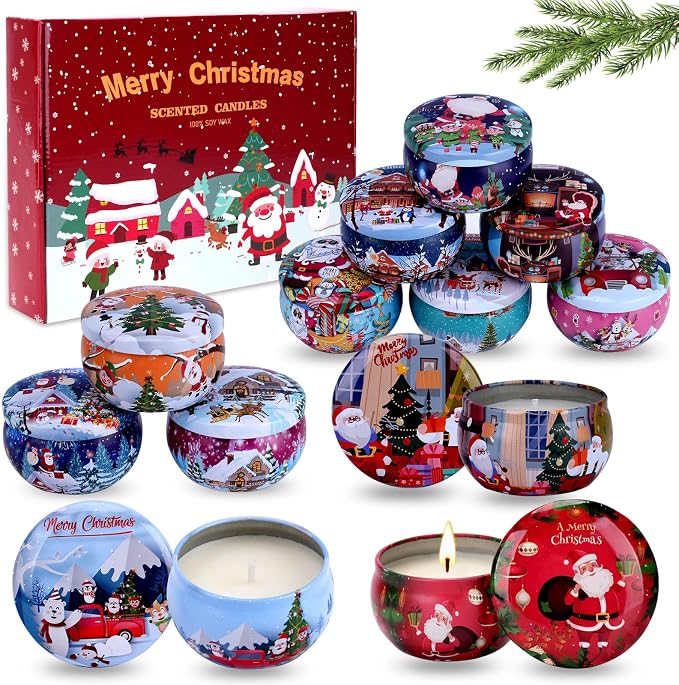 Christmas Scented Candles Gift Set, 12 PCS 3oz Aromatherapy Candles Gifts for Women Soy Wax Candles Gift for mom Portable Travel Tin Jar Candles for Birthday, Thanksgiving, Mother's Day