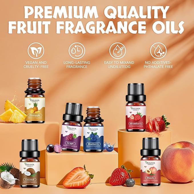 Fruity Essential Oils Gift Set, Premium Fragrance Oil for Candle & Soap Making, Coconut, Strawberry, Pineapple, Mango, Peach, Apple,10x5ml Fruit Aromatherapy Diffuser Oils for Home