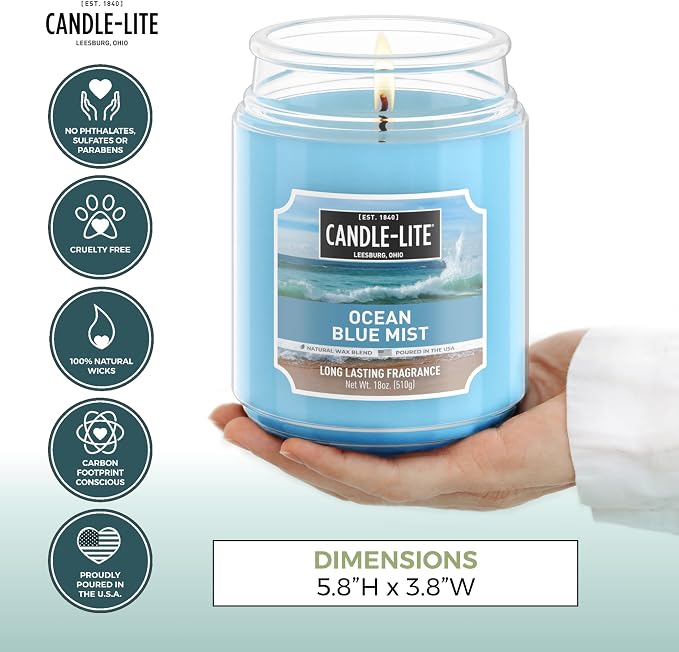 Candle-lite Scented Candles, Ocean Blue Mist, 18 oz Jar, Proudly Poured in The USA, Aromatherapy Candle, Single-Wick with 110 Hours of Burn Time, Perfect for Creating a Relaxing Ambiance