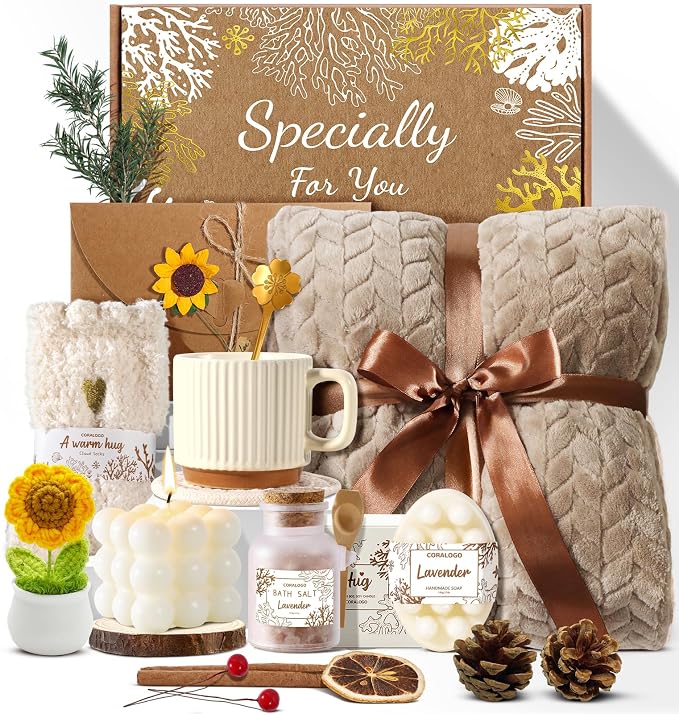 Spa Gift Baskets for Women - Birthday Gift Basket, Get Well Soon, Self Care, Relaxing Sunflower Package, 11pcs Spa Sets with Blanket, Luxury Gifts for Her Birthday Anniversary Mothers Day