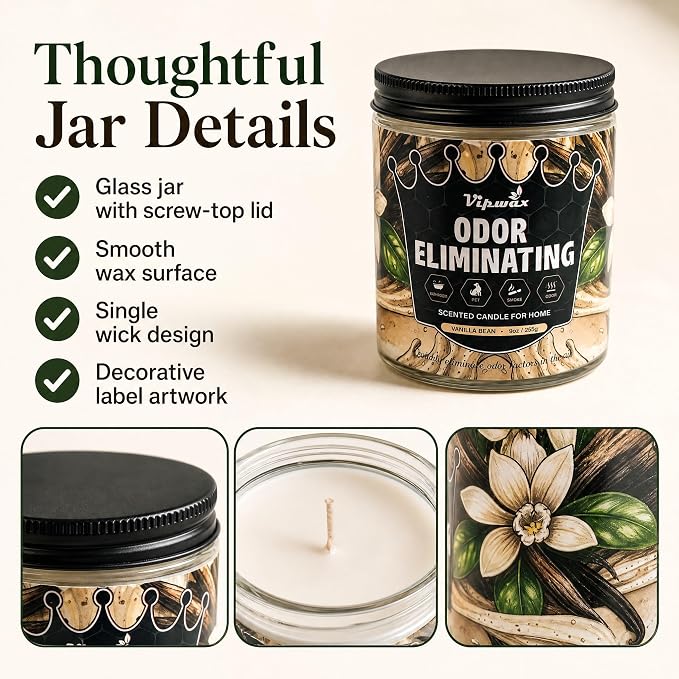 9 oz Vanilla Bean Odor Eliminating Candles for Home Scented, Eliminates 99% of Pet, Smoke, Food and Other Smells Quickly, Highly Fragranced Candle, Premium Soy Candles Set for Women