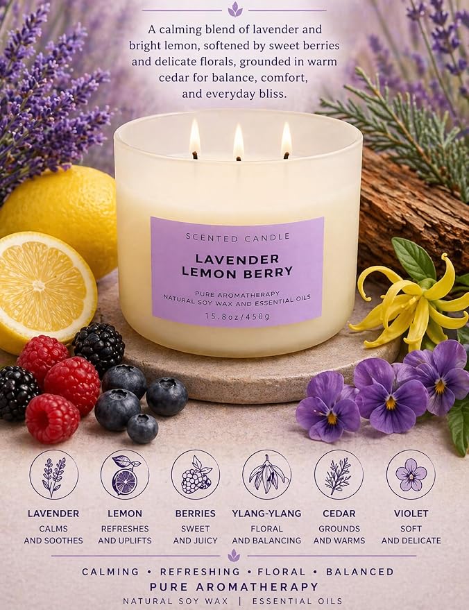 Lavender Lemon Berry Scented Candle | 3-Wick Large Soy Candle 15.8 oz | Highly Scented Aromatherapy Lavender Candle for Women | Calming Floral Lemon Home Scent | Long Lasting Clean Burn