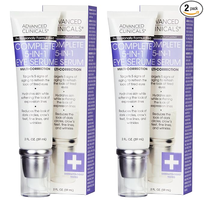 Advanced Clinicals 5-in-1 Eye Serum | Multi-Benefit Visible Anti Aging Under Eye Serum Face Moisturizer Reduces Appearance Of Dark Circles, Puffy Eyes, Crows Feet, Wrinkles, & Fine Lines, 2-Pack