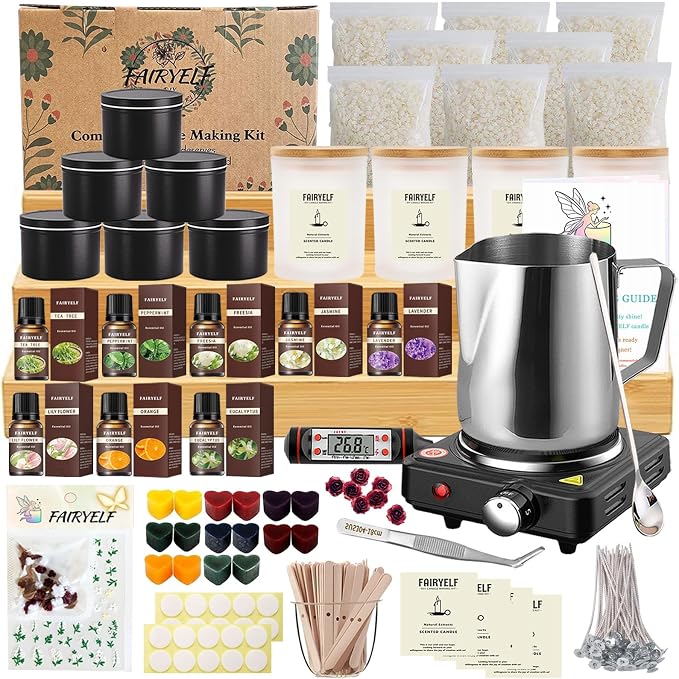 FAIRYELF Premium Candle Making Kit with Wax Melter, DIY Starter Scented Candles Making Kit for Adults Include Glass Jar & Tins, Scents & Color Dyes & More - Perfect as Home Decorations