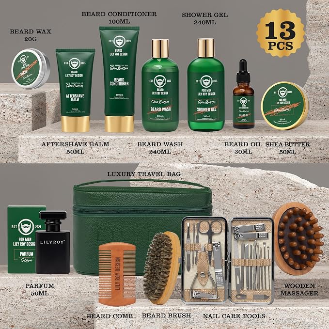 Gifts for Men, Fathers Day Gifts, Spa Set for Men - Luxurious 32Piece Shea Butter Bath & Beard Gift Set, Bath & Body Care Kit for Him | Christmas, Valentine's Day, Birthday, Spa Gift Set for Dad