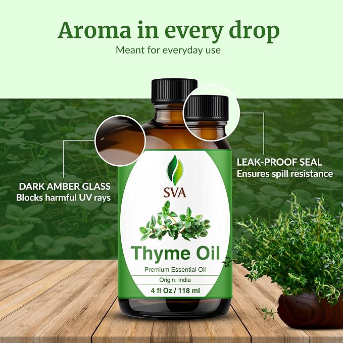 SVA Thyme Essential Oil 4 Fl Oz – for Aromatherapy, Diffuser, Skin & Hair Care – Ideal for Massage & DIY Blends – with Dropper