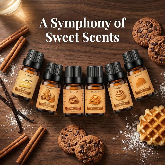Bakery Essential Oils Set for Diffusers 6x10ml-Chocolate Cookies,Vanilla Cake,Cinnamon Rolls,Pumpkin Pie,Gingerbread,Waffles,Fragrance Oils for Candle&Soap Making