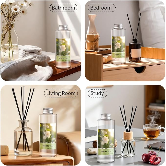 STRN Reed Diffuser Oil Refill, White Tea Scented Diffuser Oil Refills with 6 Reed Sticks 200ML(6.8fl.oz), Room Fresheners Long-Lasting Summer Fragrance for Living Room, Bedroom, Office