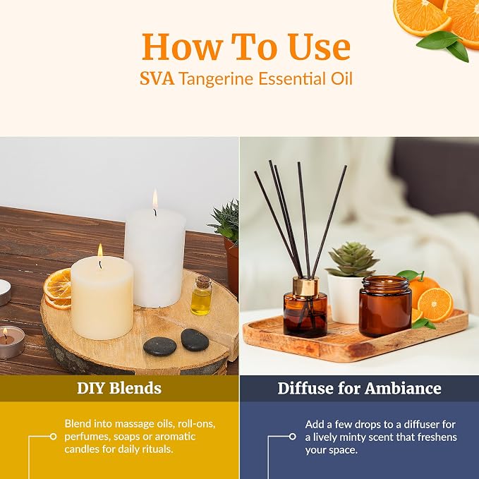 SVA Tangerine Essential Oil 4 Fl Oz – for Aromatherapy, Diffuser, Skin & Hair Care – Ideal for Massage & DIY Blends – with Dropper