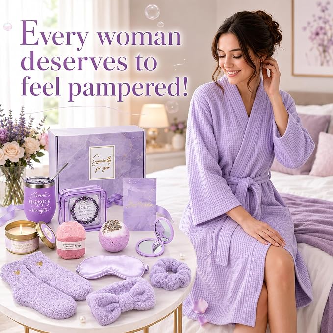 gisgfim 14Pcs Birthday Gifts for Women Spa Gift Basket Set Relaxing Home Products Self Care Kit Includes Mirror Socks Steamers Bath Robe for Women Mother's Day Her Friend Sister Wife Grandma (Purple)