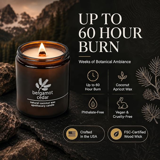 Hemlock Park Bergamot Cedar Apothecary Scented Candle | Crackling Wood Wick, Botanical Fragrance & Coconut Apricot Wax | Up to 60 Hour Burn Time | 8 oz | Made in USA