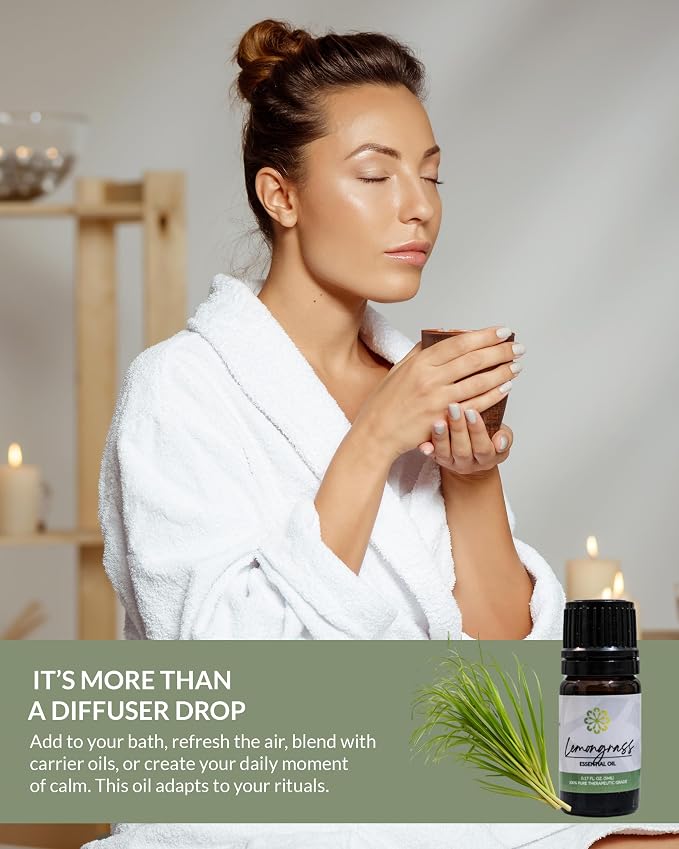 Essence Lemongrass Essential Oil, 5 ml | Aromatherapy Oil for Diffusers & Personal Use | Natural Fragrance for Relaxation, Clarity & Wellness | Made in USA | Fresh & Citrusy Scent