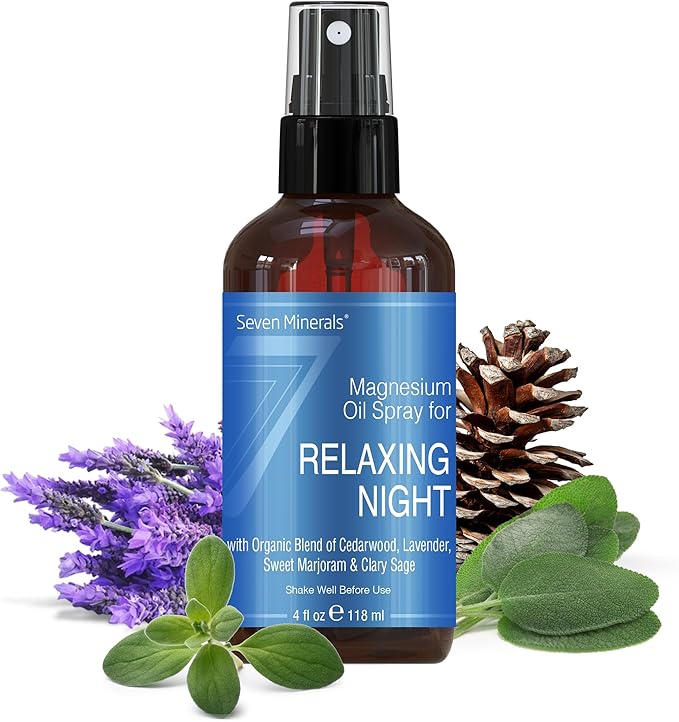 Seven Minerals Relaxing Night Magnesium Spray, Powerful Organic Blend of Essential Oils (Cedarwood, Lavendar, Sweet Marjoram, & Clary Sage) 4 fl oz