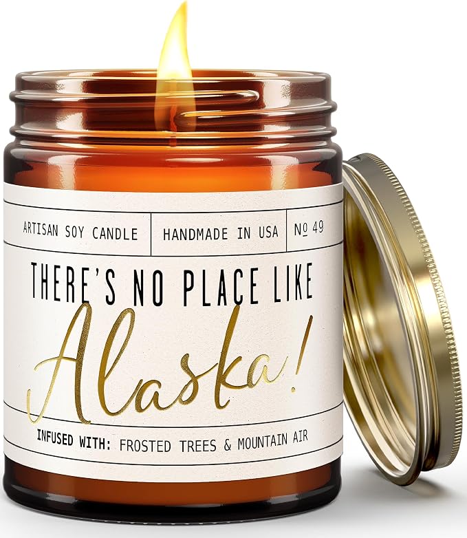 Alaska Gifts, Alaska Decor for Home - 'There's No Place Like Alaska Candle, w/Frosted Trees & Mountain Air I Alaska Souvenirs I Alaska State Gifts I 9oz Jar, 50Hr Burn, USA Made