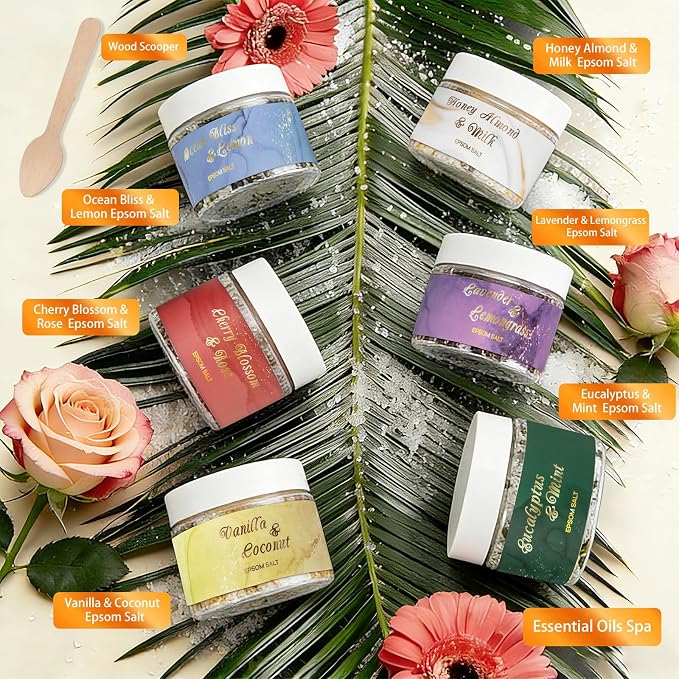 6-Pc Floral Epsom Salt Gift Set for Women Bath Salt, Bath and Body Gift Set | Bath and Body Gift Set in Elegant Box, Christmas Spa Gifts for Women, Mothers Day Birthday Gifts for Men spa kit Mom Bath Set