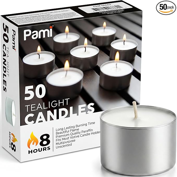 PAMI Premium Long-Lasting with 8 Hours Burning Time Unscented Round Tealight Candles [50-Pack] - Paraffin Tealights with Beautiful Flame- Perfect for Votive Candle Holders
