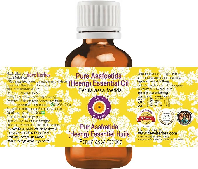 dève herbes Asafoetida (Heeng) Essential Oil (Ferula assa-foetida) Pure | Non-Sticky | Non-Greasy | Lightweight | Men & Women | All Skin Types | Steam Distilled 5ml (0.16 oz)