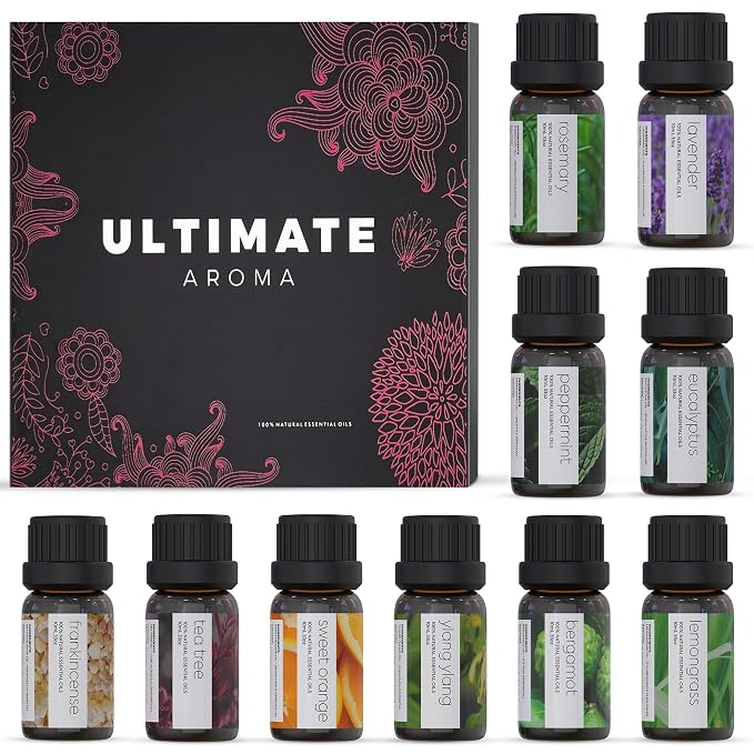 Essential Oils by Ultimate Aroma Top 10 Aromatherapy Oils Gift Set - Lavender/Tea Tree/Eucalyptus/Peppermint/Lemongrass/Sweet Orange/Bergamot/Frankincense/Rosemary/Ylang Ylang (10ml).