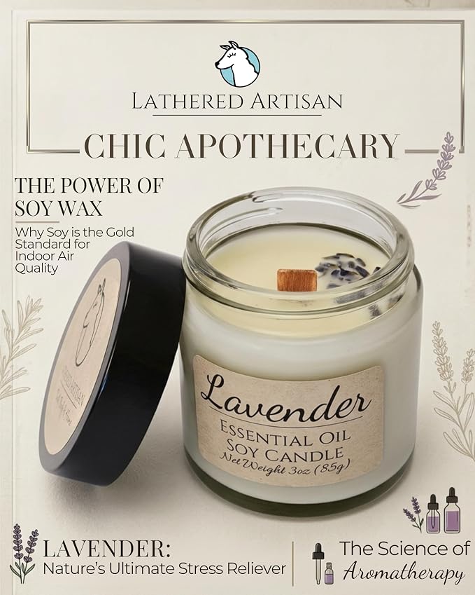 Pure Lavender Essential Oil Apothecary Candle - 3oz High-Potency Soy Wax - Real Botanicals & Crackling Wood Wick - Stress Relief & Sleep Ritual - Small Batch Luxury by Lathered Artisan