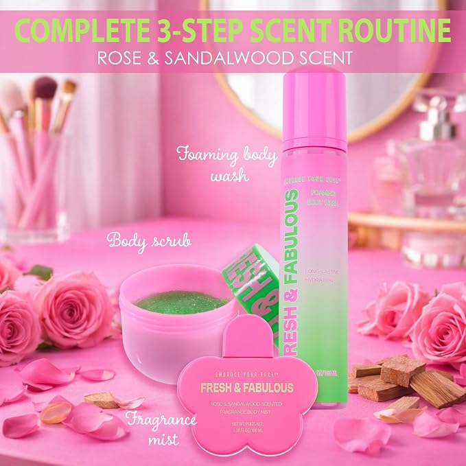 EXPRESSIONS 3pc Body Care Set – Fresh & Fabulous Rose & Sandalwood Scented Skin Smoothing Kit – Includes Foaming Body Wash, Body Scrub, and Fragrance Mist – 3-Piece Self-Care Gift for Women & Teens