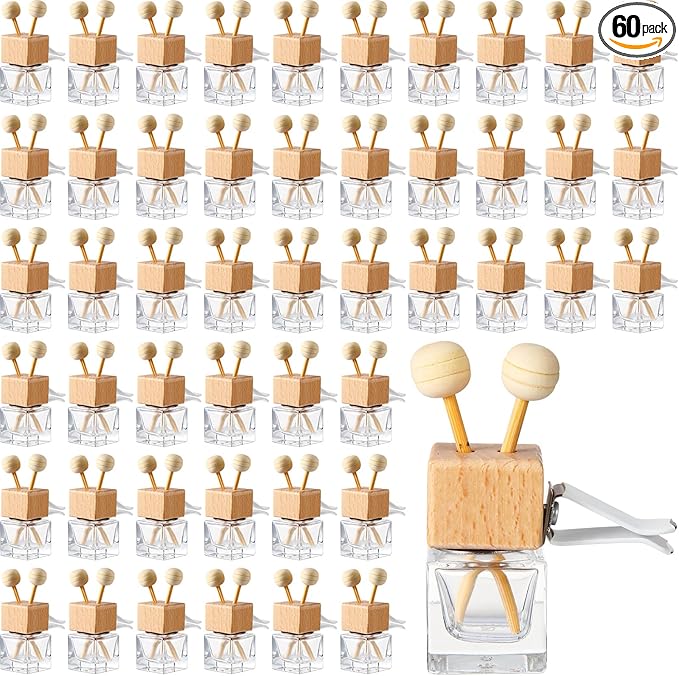 Zubebe 60 Pcs Car Diffuser Bottles Empty Bulk Vent Clip Car Air Freshener Diffuser for Essential Oil Perfume Glass Bottle with Wooden Caps Stick Fragrance Ornament (Clear)