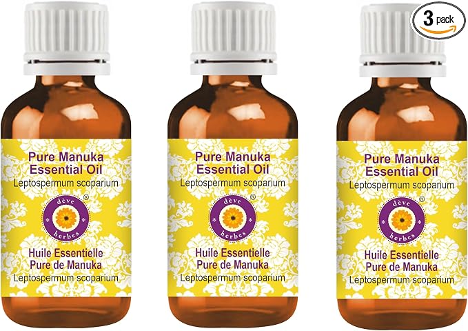 Deve Herbes Pure Manuka Essential Oil (Leptospermum scoparium) Steam Distilled (Pack of Three) 100ml X 3 (10 oz)