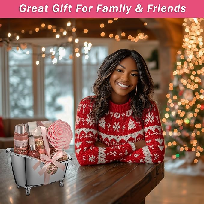 Aqua Elegante Spa Gift Basket - Luxury Bath Set with Body Wash, Bubble Bath, Lotion, Salts, Scrub, Spray, Shower Puff, Towel, Gifts for Women, Mom, Wife, Her - Rose Oil & Peony
