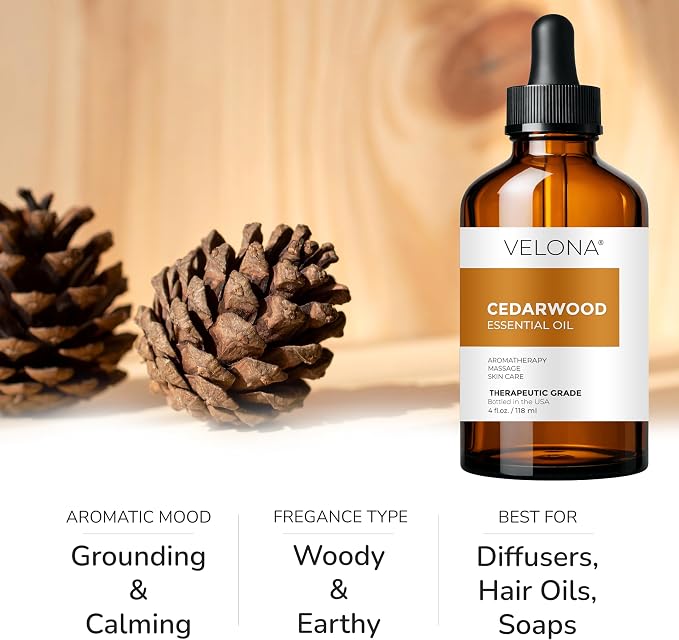 velona Cedarwood Essential Oil 4 Fl Oz | Therapeutic Grade 100% Pure and Natural | for Aromatherapy Diffuser, Massage, Skincare, Haircare, Soapmaking