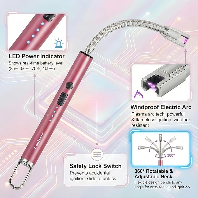 Castelar Electric Candle Lighter with Long Flexible Neck, USB Rechargeable Arc Lighter with Safety Lock for Candle, BBQ, Camping, Housewarming, and Birthday Gifts