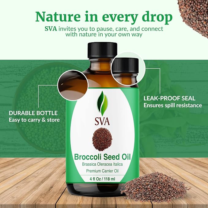 SVA Broccoli Seed Oil - 4 Fl Oz – 100% Natural Cold Pressed Broccoli Oil - for Face, Skin Care, Hair Care, Scalp Massage & Body Massage – Carrier Oil with Dropper