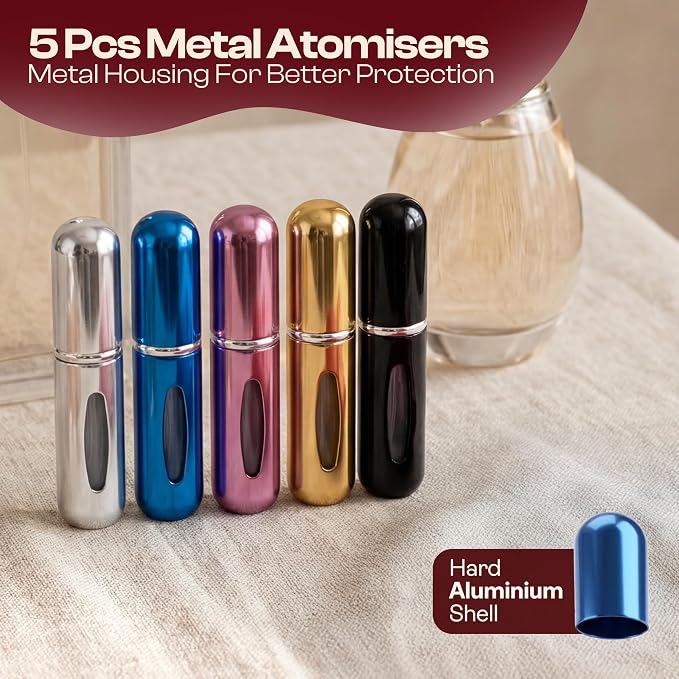 5ml Travel Perfume Bottle Refillable Atomizer Sprayer for Perfume,Leakproof Perfume Atomizer Travel, Portable Refillable Perfume Bottles, (Blue, Black, Pink, Gold, Silver)
