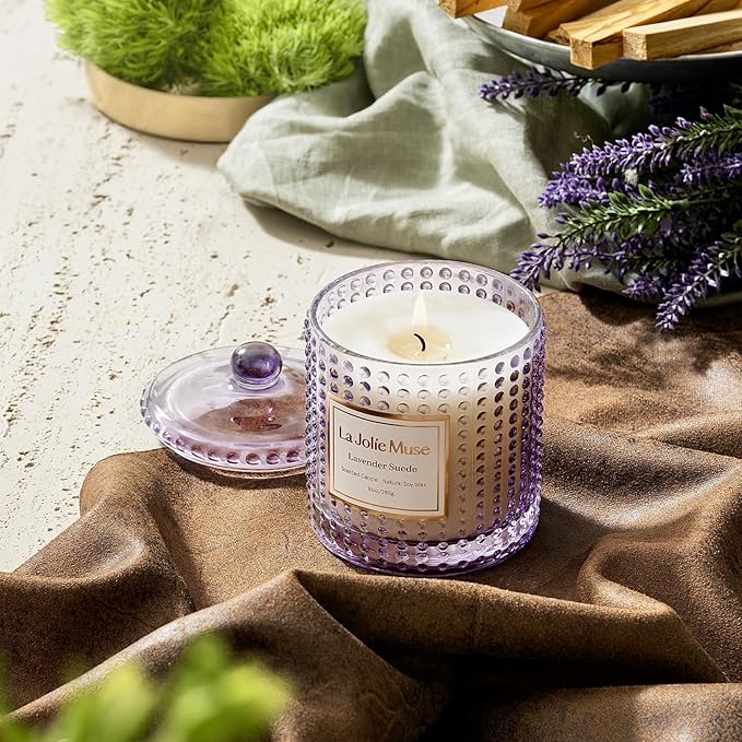 LA JOLIE MUSE Lavender Suede Scented Candles for Home, Natural Soy 55 Hrs | Luxury Jar Candle, Clean Non Toxic, Gift for Women & Men, Relaxing Aromatherapy, Stress Relief, Decorative Purple Candles