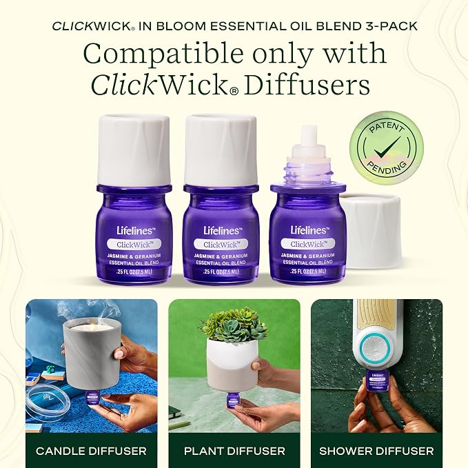 ClickWick Essential Oil Blends for Lifelines Diffusers, 3-Pack in Bloom Set - Essential Oil Blend Refill for Candle, Plant & Shower Aromatherapy Diffuser - Fragrance for Diffusers