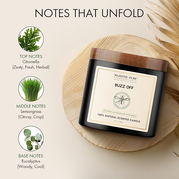 Majestic Pure Citronella Eucalyptus Lemongrass Scented Candle with Upto 45+ Hrs Burn Time, 2-Wick Candle, Soy Wax Blend for Cleaner Burn, 10 oz Jar Candle with Room Filling Fragrance, Buzz
