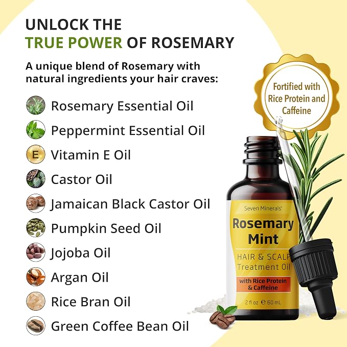 Seven Minerals, NEW Rosemary Oil for Hair Growth, Infused with Rice Protein, Caffeine, Mint and Natural Hair Strengthening Oils, Naturally Thicker, Longer, Softer Hair for Men & Women (2 fl oz)