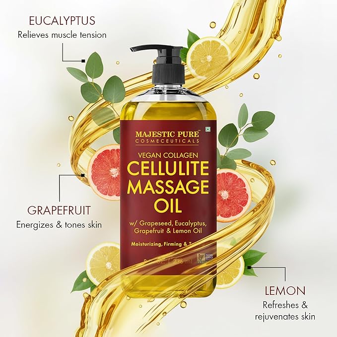 Majestic Pure Firming Body Massage Oil- Helps Smooth the Appearance of Cellulite & Improve Skin Texture- Natural Oils with Collagen- Refreshing Aromatherapy Body Oil for Legs & Full Body - 8 fl oz