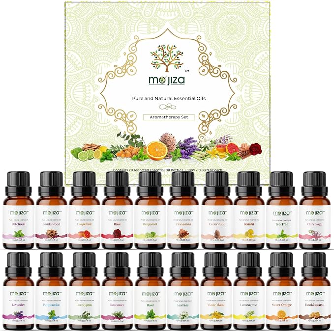 MO'JIZA Pure Aromatherapy Essential Oils Gift Set, 20 Oils-Sandalwood, Rose, Bergamot, Patchouli, Grapefruit, Clary Sage, Jasmine, Lavender, and More, 10ml Each. Certified Kosher, Vegan & Cruelty Free