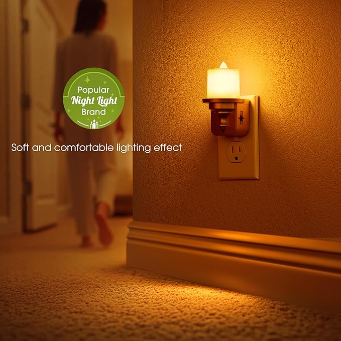 Briignite Candle Night Light, Amber Night Lights Plug into Wall 2 Pack, LED Vintage Night Light with Light Sensor, 0-100LM Dimmable Nightlight Plug in, Nightlight for Kids Hallway Bathroom Bedroom