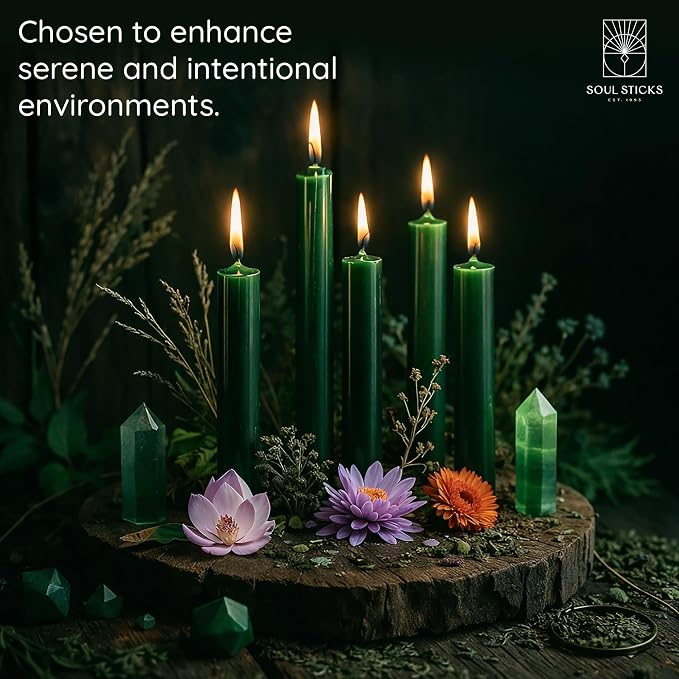 SOUL STICKS Prosperity Magic Spell Chime Taper Candles 20 Pack - Ideal for Altar, Rituals, Ceremonies, Meditation Green Unscented Candle Sticks for Witchcraft Supplies, Wiccan Supplies and Tools