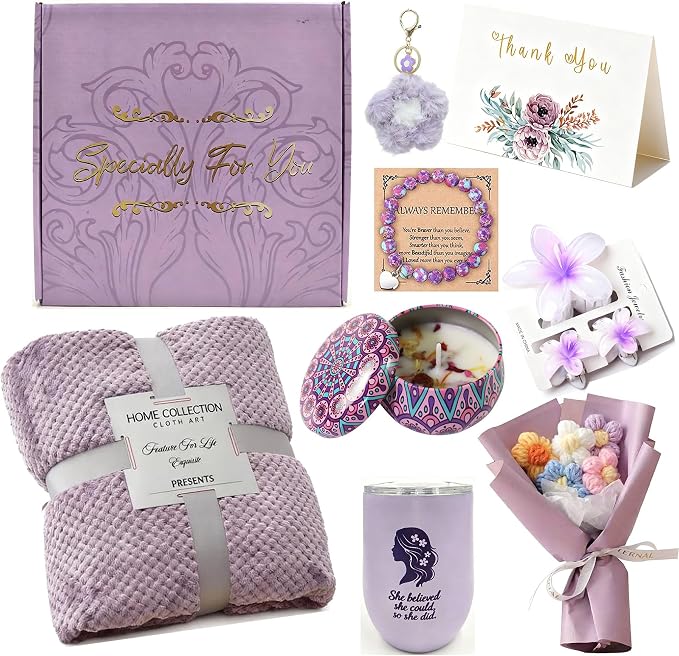 Birthday Gifts Set for Women Luxury Purple Spa & Self Care Gift Boxed Set with Cozy Blanket, Tumbler, Scented Candle, Bracelet & Flower Bouquet for Mom, Sister, Friend,Mother,Grandma, Wife