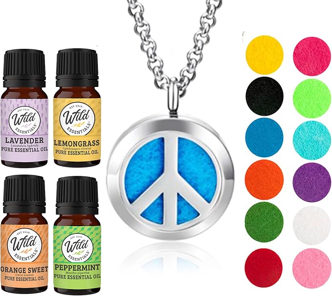 Wild Essentials Peace Sign Necklace Essential Oil Diffuser Kit with Lavender, Lemongrass, Peppermint, Orange Oils, 12 Refill Pads, Calming Aromatherapy Gift Set, Customizable Color Changing, Perfume